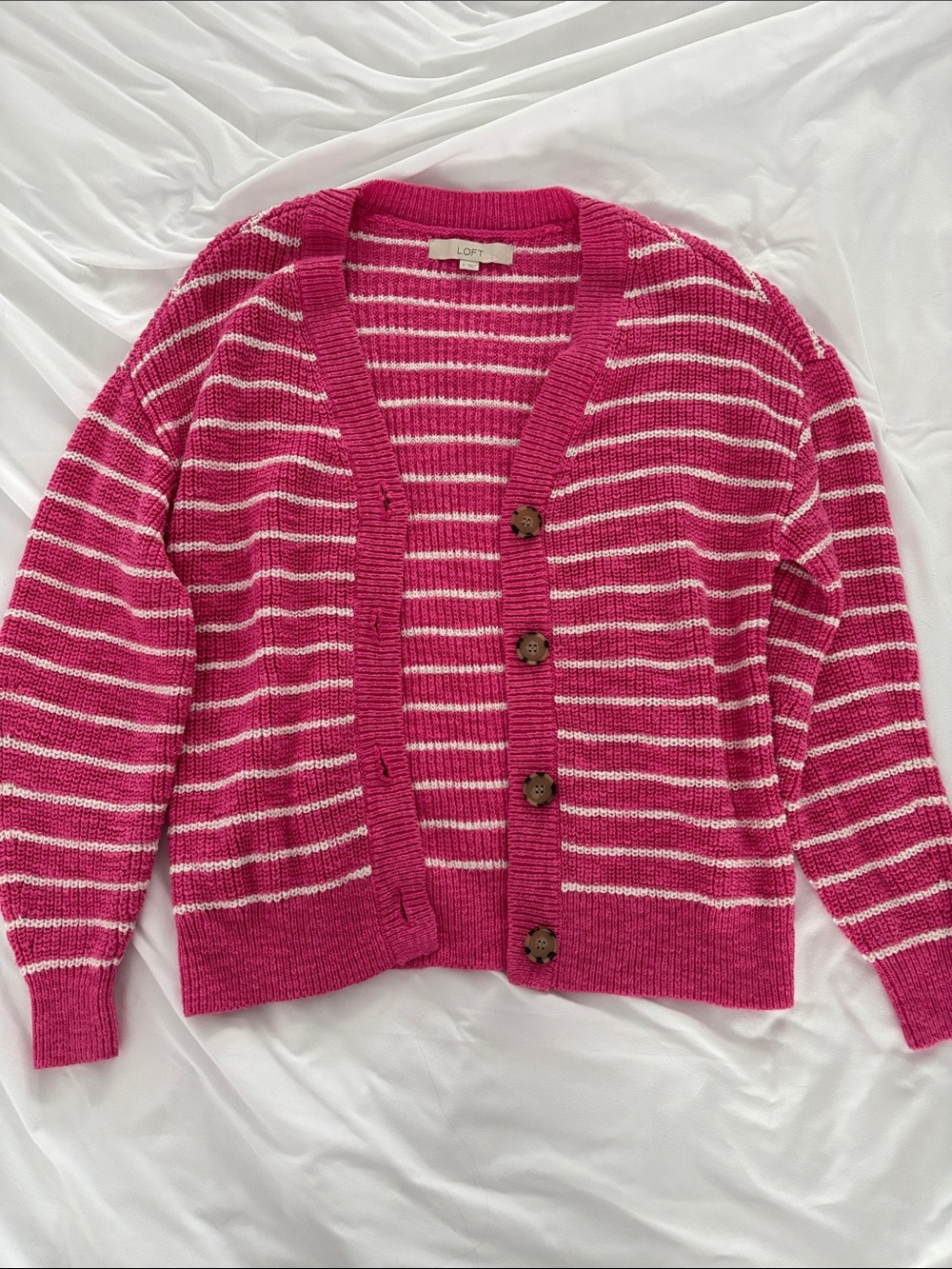 LOFT Fuchsia and White Striped V-Neck Button Cardigan